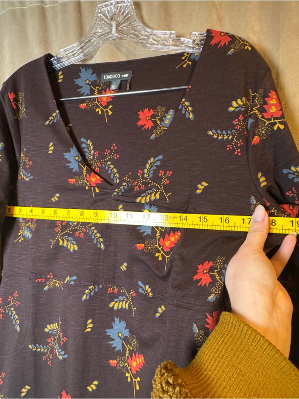Toad&Co Brown Floral V-Neck Dress Feminine Fit and flare Organic Cotton Tencel L - Picture 5 of 8